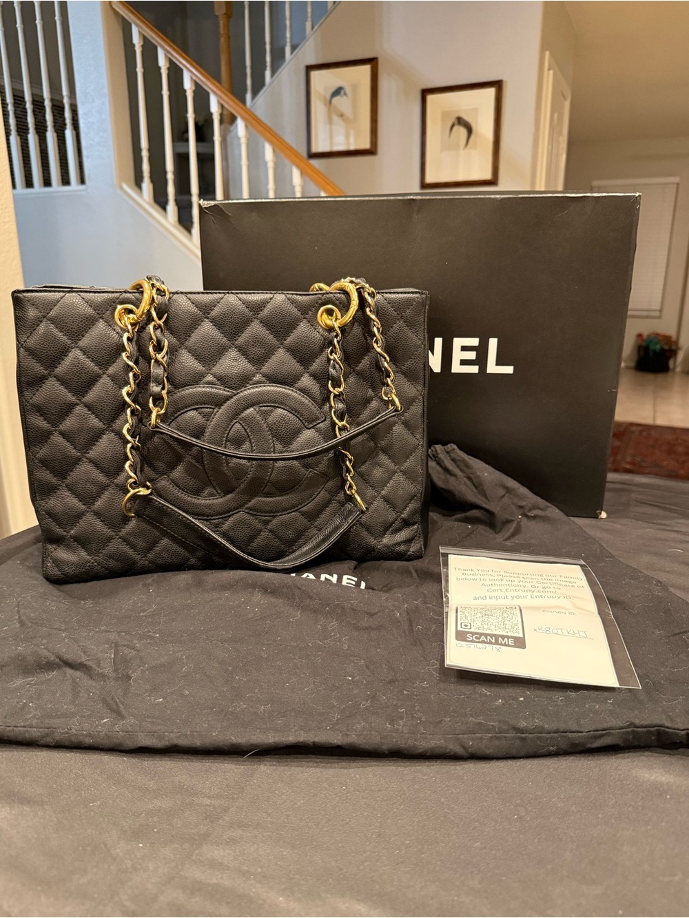 Authentic Chanel GST Grand Shopping Tote Black Caviar Gold Hardware +Entrupy EUC